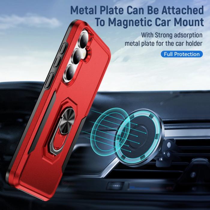 OEM - Mobilskal för Samsung Galaxy S26 Plus Militärklass Ring Kickstand Röd och Svart