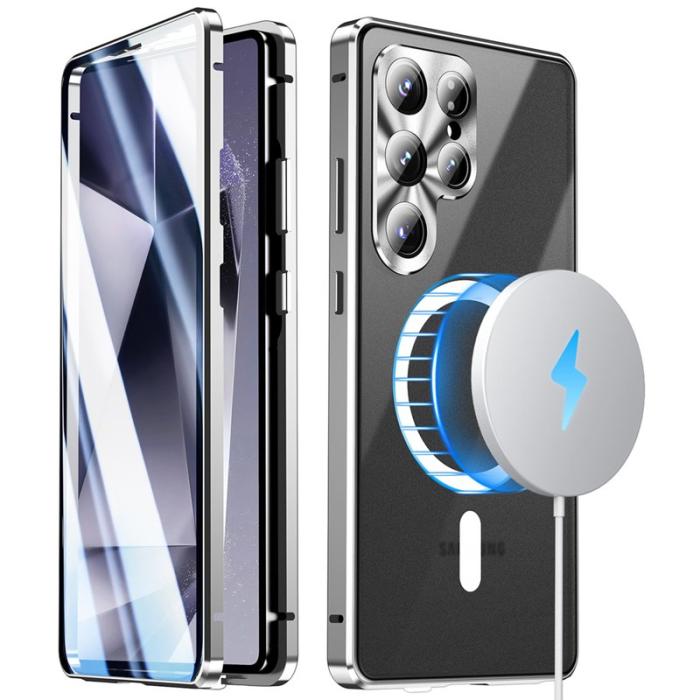 OEM - Mobilskal för Samsung Galaxy S26 Ultra Magnetiskt Tempererat Glas + PC - Silver