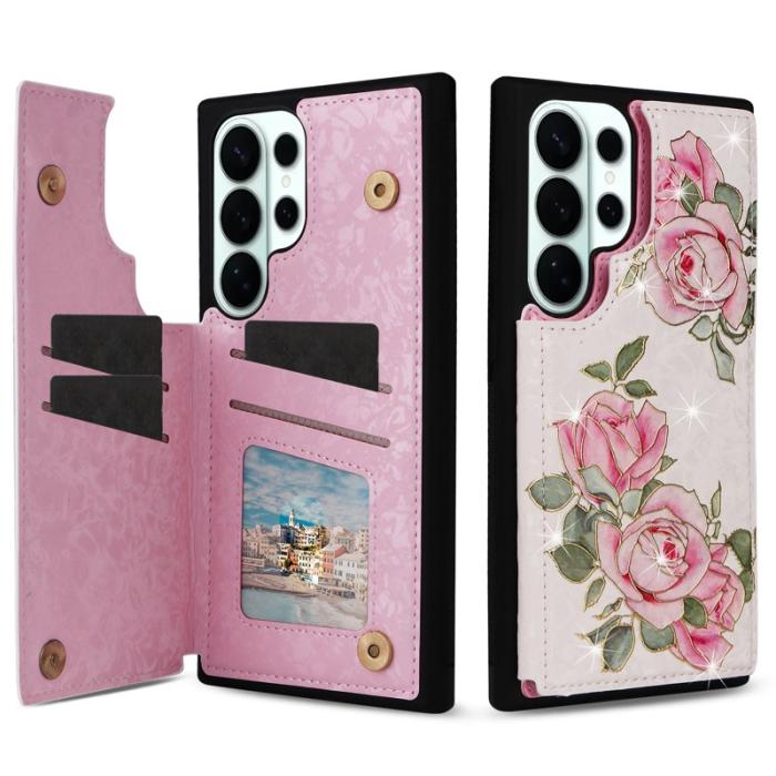 OEM - Mobilfodral för Samsung Galaxy S26 Ultra Äkta läder RFID - Rosablommig