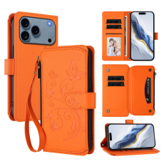 A-One Brand - iPhone 17 Pro Plånboksfodral Butterfly Floral Imprint - Orange