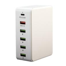 OEM - QC3.0 PD 20W Snabbladdningsstation 5 USB + 1 Type-C - Vit