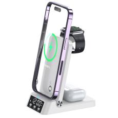 OEM - 4-i-1 15W Trådlös Laddare Fällbar Mobilställ med Klocka - Vit
