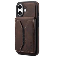 DENIOR - DENIOR D18 iPhone 16 Fodral Ring Ställ Läder+PC+TPU Brun