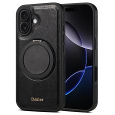 DENIOR - DENIOR iPhone 16 Plus Fodral Rotera Magnetisk Ställning Äkta Läder Svart