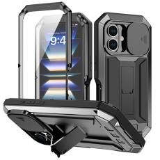 R-JUST - R-JUST iPhone 16 Kickstand Skal Silicone+Metal+PC Tempered Glass - Svart