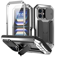 R-JUST - R-JUST iPhone 16 Plus Kickstand Skal Silikon+Metal+PC Silver