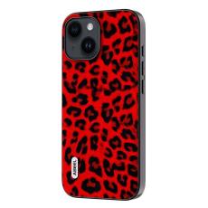 ABEEL - ABEEL iPhone 15 Fodral Leopard Textur PU Läder Röd