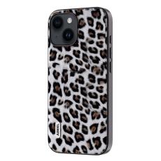 ABEEL - ABEEL iPhone 15 Fodral Leopard Textur PU Läder Silver