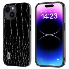 ABEEL - ABEEL iPhone 15 Plus Fodral Äkta Läder Krokodiltextur Svart