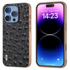 ABEEL - ABEEL iPhone 16 Pro Fodral Electroplating Ostrich L&auml;der Svart