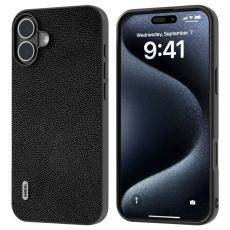 ABEEL - ABEEL iPhone 16 Skal Litchi Textur &Auml;kta L&auml;der Hybrid Svart