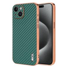 AZNS - AZNS iPhone 15 Fodral Electroplating Carbon Fiber PU+TPU - Grön