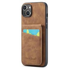 FIERRE SHANN - FIERRE SHANN för iPhone 15 Fodral Card Holder PU Läder - Blå - Brun