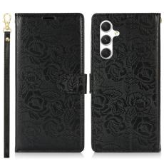 OEM - Samsung Galaxy A35 5G Fodral &Auml;kta L&auml;der Blomm&ouml;nster - Svart