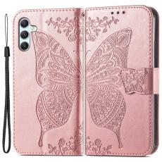 OEM - Samsung Galaxy A35 5G Fodral &Auml;kta L&auml;der Fj&auml;rilsm&ouml;nster - Ros&eacute;guld