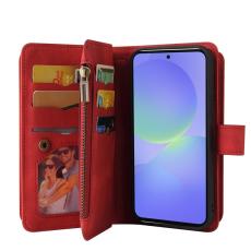 OEM - Samsung Galaxy A37 Pl&aring;nboksfodral Konstl&auml;der 15 Kortplatser - R&ouml;d