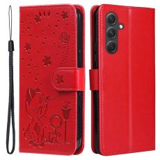 OEM - Samsung Galaxy A55 5G Pl&aring;nboksfodral Konstl&auml;der Cat Bee M&ouml;nster - R&ouml;d