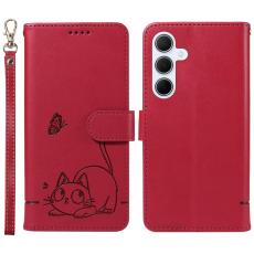 OEM - Samsung Galaxy A55 5G Pl&aring;nboksfodral Kattm&ouml;nster Konstl&auml;der - R&ouml;d