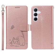OEM - Samsung Galaxy A55 5G Pl&aring;nboksfodral Konstl&auml;der Kattm&ouml;nster - Ros&eacute;guld