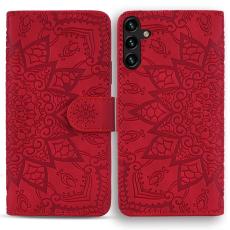 OEM - Samsung Galaxy A55 5G Skal &Auml;kta L&auml;der Blomm&ouml;nster - R&ouml;d