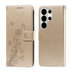 OEM - Samsung Galaxy S26 Ultra Fodral &Auml;kta L&auml;der Blomtryck St&auml;ll - Guld