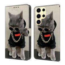 OEM - Samsung Galaxy S26 Ultra Fodral &Auml;kta L&auml;der M&ouml;nster - Katt med Glas&ouml;gon