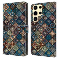 OEM - Samsung Galaxy S26 Ultra Fodral M&ouml;nstertryck St&auml;ll L&auml;der Flip - Bl&aring; Blommig