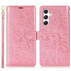 OEM - Samsung Galaxy A35 5G Fodral &Auml;kta L&auml;der Blomm&ouml;nster - Ros&eacute;guld
