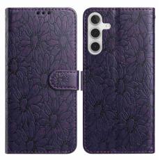 OEM - Samsung Galaxy A35 5G Fodral &Auml;kta L&auml;der Daisy Pr&auml;gling - M&ouml;rklila