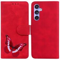 OEM - Samsung Galaxy A35 5G Fodral &Auml;kta L&auml;der Fj&auml;rilstryck - R&ouml;d