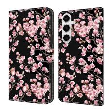 OEM - Samsung Galaxy S26 Plus Fodral F&auml;llbart St&auml;ll PU L&auml;der M&ouml;nster - Persika Blomma