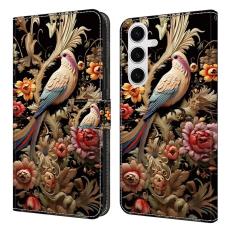 OEM - Samsung Galaxy S26 Plus Fodral PU L&auml;der Med St&auml;ll - Vintage Blomma och F&aring;gel