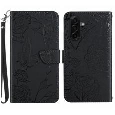 OEM - Samsung Galaxy S26 Skal med Handledsrem Fj&auml;ril Blomma &Auml;kta L&auml;der - Svart