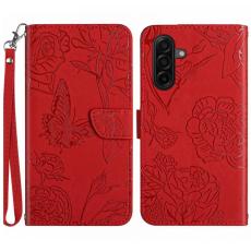 OEM - Samsung Galaxy S26 Skal PU L&auml;der Med Handledsrem Fj&auml;ril Blommor - R&ouml;d