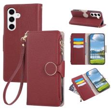 OEM - Pl&aring;nboksfodral f&ouml;r Samsung Galaxy S26 Konstl&auml;der med handledsrem - Vinr&ouml;d