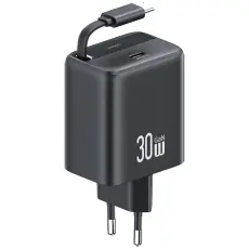 USAMS - USAMS Väggladdare 1xUSB-C m utdragbar kabel PD+QC 30W GaN - Svart