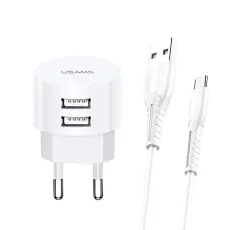 USAMS - USAMS Väggladdare 2xUSB T20 2.1A Micro USB rund XTXLOGT18MC05 – Vit