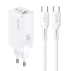 USAMS - USAMS Väggladdare MT T33 GaN 65W USB-C/USB-C kabel MTXLOGTC02 - Vit