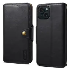 DENIOR - DENIOR iPhone 15 Plånboksfodral Äkta Läder Svart