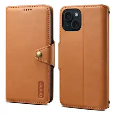 DENIOR - DENIOR iPhone 15 Plånboksfodral i äkta läder - Khaki
