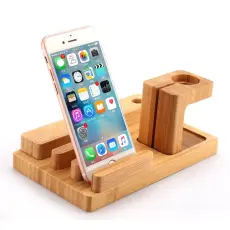 OEM - Desktop Bamboo 4-port USB-laddningsstation med Apple Watch-st&auml;llning