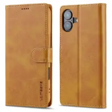 LC.imeeke - LC.IMEEKE iPhone 16 Pl&aring;nboksfodral Calf Texture Konstl&auml;der- Gul