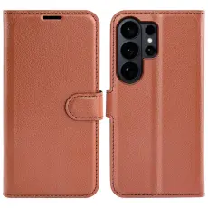 OEM - AMORUS Samsung Galaxy S26 Ultra Pl&aring;nboksfodral Litchi Textur Konstl&auml;der - Brun