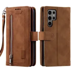 OEM - Samsung Galaxy S26 Ultra Pl&aring;nboksfodral 9 Kortplatser Dragkedja Konstl&auml;der Brun