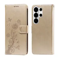OEM - Samsung Galaxy S26 Ultra Pl&aring;nboksfodral Konstl&auml;der Blomtryck St&auml;ll - Guld