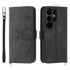 OEM - Samsung Galaxy S26 Ultra Pl&aring;nboksfodral Blomm&ouml;nster Konstl&auml;der - Svart