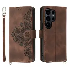 OEM - Samsung Galaxy S26 Ultra Pl&aring;nboksfodral Konstl&auml;der Blomm&ouml;nster - Brun