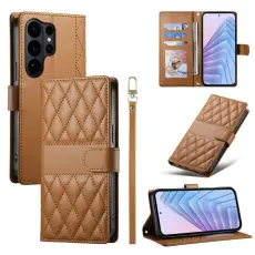 OEM - Samsung Galaxy S26 Ultra Pl&aring;nboksfodral Rhombus S&ouml;mmar Konstl&auml;der - Brun