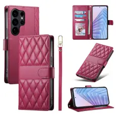 OEM - Samsung Galaxy S26 Ultra Pl&aring;nboksfodral Rhombus S&ouml;mnad Konstl&auml;der - R&ouml;d