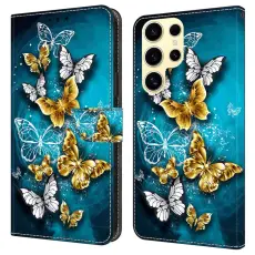 OEM - Samsung Galaxy S26 Ultra Pl&aring;nboksfodral St&auml;llning Konstl&auml;der Guld Fj&auml;ril p&aring; Gr&ouml;n